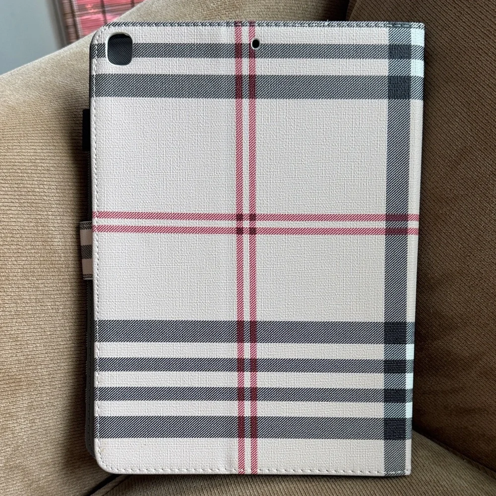 Plaid Tablet Folio Case with Magnetic Closure - White, Black & Red